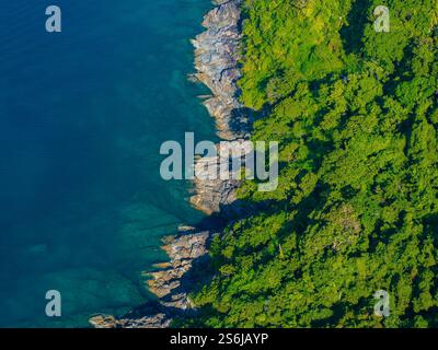 Blick aus der Vogelperspektive auf die tropische Küste mit Klippen und grünen Blättern in Thailand Stockfoto
