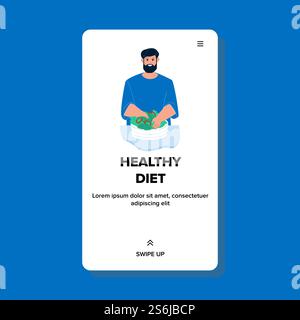 Gesunde Diät Salat Vorbereiten Mann Auf Küche Vektor. Bärtiger Junge, Der Gesundes Diät-Gemüse In Bowl Mischt. Charakter Vorbereiten Köstliche Bio- Und Diätetische Zutaten Lebensmittel Web Flat Cartoon Illustration. Gesunde Diät Salat Vorbereiten Mann Auf Küche Vektor Stock Vektor