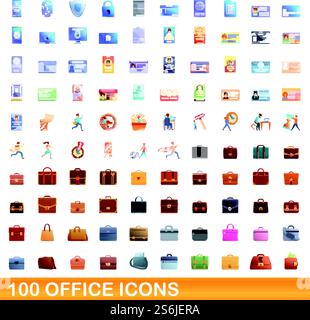 100 Bürosymbole. Cartoon-Illustration von 100 Büro-Icons Vektor-Set isoliert auf weißem Hintergrund. 100 Bürosymbole im Zeichentrickstil Stock Vektor