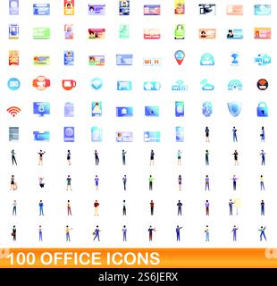 100 Bürosymbole. Cartoon-Illustration von 100 Büro-Icons Vektor-Set isoliert auf weißem Hintergrund. 100 Bürosymbole im Zeichentrickstil Stock Vektor