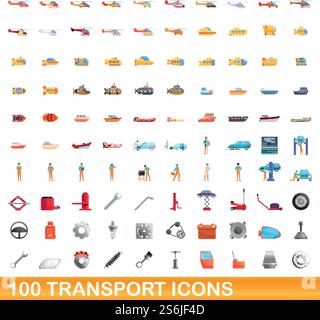 100 Transportsymbole eingestellt. Cartoon-Illustration von 100 Transport-Icons Vektor-Set isoliert auf weißem Hintergrund. 100 Transportsymbole im Cartoon-Stil Stock Vektor