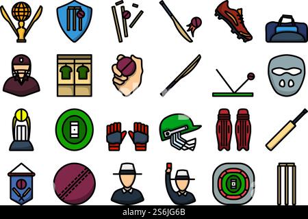 Cricket-Icon-Set. Editierbare Fett Formatigte Kontur Mit Farbfüllungsdesign. Vektorgrafik. Stock Vektor