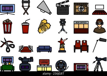 Cinema Icon Set. Editierbare Fett Formatigte Kontur Mit Farbfüllungsdesign. Vektorgrafik. Stock Vektor