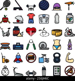 Fitness-Symbol-Set. Editierbare Fett Formatigte Kontur Mit Farbfüllungsdesign. Vektorgrafik. Stock Vektor