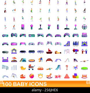 100 Babysymbole. Zeichentrickillustration von 100 Baby-Icons Vektorsatz isoliert auf weißem Hintergrund. 100 Babysymbole, Zeichentrickstil Stock Vektor