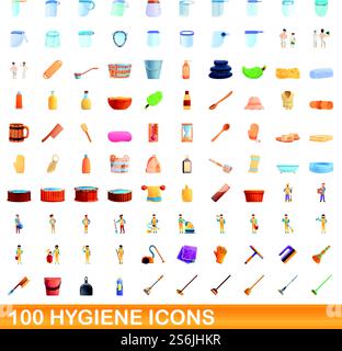 100 Hygienesymbole. Zeichentrickillustration von 100 Hygiene-Icons Vektor-Set isoliert auf weißem Hintergrund. 100 Hygiene-Icons Set, Cartoon-Stil Stock Vektor