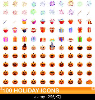 100 Weihnachtssymbole gesetzt. Zeichentrickillustration von 100 Feiertagsymbolen Vektor auf weißem Hintergrund lokalisiert. 100 Weihnachtssymbole im Zeichentrickstil Stock Vektor