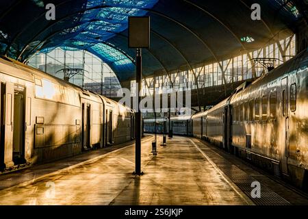 Das Innere des Bahnhofs France in Barcelona bei Sonnenaufgang mit Zügen und Sonnenstrahlen am Morgen. Malerischer Blick auf ein Wahrzeichen von Barcelona, Konzept von Stockfoto