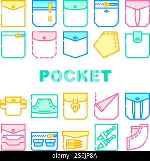 Patch Pocket Clothes Collection Icons Set Vektor. Tasche Mit Verschluss Und Knopf Zur Aufbewahrung Von Kugeln Und Messern, Kreditkarten Und Münzen, Konzeptpiktogramme. Konturfarbe Illustrationen. Patch Pocket Clothes Collection Icons Set Vektor Stock Vektor