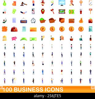 100 Symbole für Unternehmen. Zeichentrickillustration von 100 Business Icons Vektor auf weißem Hintergrund isoliert gesetzt. 100 Business-Ikonen im Cartoon-Stil Stock Vektor