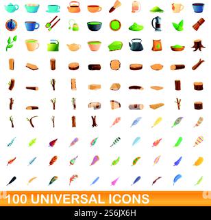 100 universelle Symbole. Zeichentrickillustration von 100 universellen Symbolen Vektor-Satz isoliert auf weißem Hintergrund. 100 universelle Symbole im Cartoon-Stil Stock Vektor
