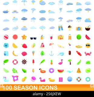 Symbole für die Saison 100. Zeichentrickillustration von 100 Saison Icons Vektor-Set isoliert auf weißem Hintergrund. 100er-Saison-Ikonen, Zeichentrickstil Stock Vektor