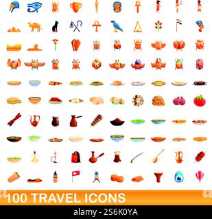 100 Reisesymbole eingestellt. Cartoon-Illustration von 100 Reise-Icons Vektor auf weißem Hintergrund isoliert gesetzt. 100 Reisesymbole, Zeichentrickstil Stock Vektor