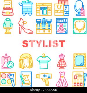 Stylist Zubehör Sammlung Symbole Set Vektor. Stylist Sessel Und Spiegel, Näh-Mannequin Und Kleid, Style Catalog Und Magazine Concept Lineare Piktogramme. Konturfarbe Illustrationen. Stylist Zubehör Sammlung Symbole Set Vektor Stock Vektor