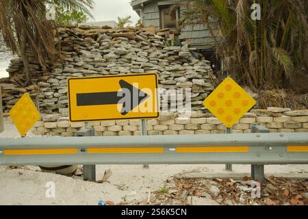 Gelber und schwarzer Pfeil zum rechten Straßenschild mit einem Geländer davor. Großer Stapel flacher Steine und Haus hinten. Ende der Straßenschilder und gr Stockfoto