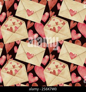 Vintage-Handwerkskuverts mit nahtlosem Herzmuster auf Schwarz. Aquarellillustration für Karten, Verpackung, Textil, Einladungen, Feiertage Frühling, Geburtstag, Valentinstag, Hochzeit oder Muttertag. Stockfoto