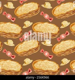 Heiße Pfannkuchen und Stücke Butter und rote Bonbons nahtloses Muster auf Braun. Aquarellillustration für Verpackungen, Küchentextilien, Servietten, Etiketten. Stockfoto