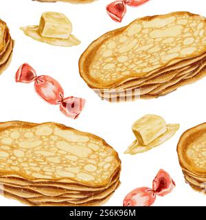 Heiße Pfannkuchen und Stücke Butter und rote Bonbons nahtlos Muster auf weiß. Aquarellillustration für Verpackungen, Küchentextilien, Servietten, Etiketten. Stockfoto