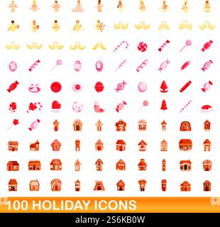 100 Weihnachtssymbole gesetzt. Zeichentrickillustration von 100 Feiertagsymbolen Vektor auf weißem Hintergrund lokalisiert. 100 Weihnachtssymbole im Zeichentrickstil Stock Vektor