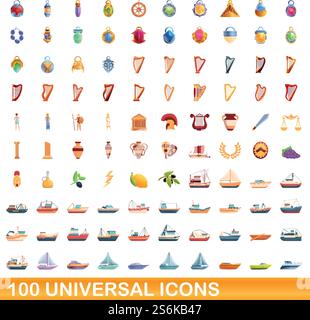 100 universelle Symbole. Zeichentrickillustration von 100 universellen Symbolen Vektor-Satz isoliert auf weißem Hintergrund. 100 universelle Symbole im Cartoon-Stil Stock Vektor
