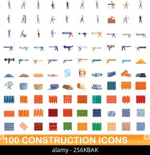 100 Bausymbole gesetzt. Zeichentrickillustration von 100 Bausymbolen Vektor-Set isoliert auf weißem Hintergrund. 100 Bausymbole im Cartoon-Stil Stock Vektor
