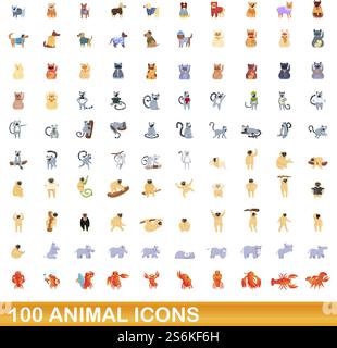 100 Tiersymbole gesetzt. Zeichentrickillustration von 100 Tiersymbolen Vektorsatz isoliert auf weißem Hintergrund. 100 Tiersymbole im Cartoon-Stil Stock Vektor