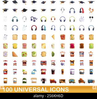 100 universelle Symbole. Zeichentrickillustration von 100 universellen Symbolen Vektor-Satz isoliert auf weißem Hintergrund. 100 universelle Symbole im Cartoon-Stil Stock Vektor
