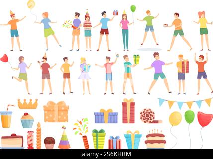 Kinder Party Icons Set Cartoon Vektor. Kindergeburtstag. Schulkinderparty. Kinder Party Icons Set Cartoon Vektor. Kindergeburtstag Stock Vektor