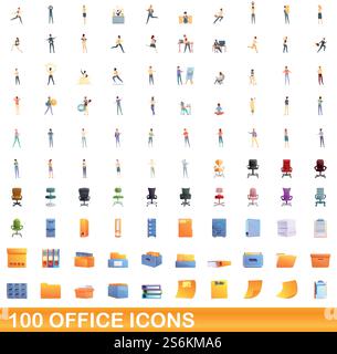 100 Bürosymbole. Cartoon-Illustration von 100 Büro-Icons Vektor-Set isoliert auf weißem Hintergrund. 100 Bürosymbole im Zeichentrickstil Stock Vektor