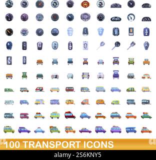 100 Transportsymbole eingestellt. Cartoon-Illustration von 100 Transport-Icons Vektor-Set isoliert auf weißem Hintergrund. 100 Transportsymbole im Cartoon-Stil Stock Vektor