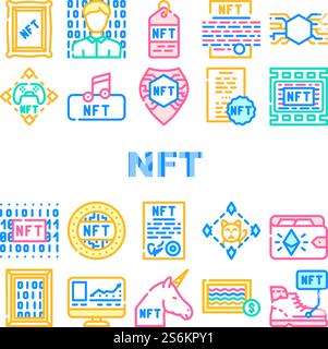 Nft Digital Technology Collection Symbole Set Vektor. Nft Kryptowährung Münze Und Blockchain, Zahlung Für Spiele Und Kauf Von Waren Auf Auktionslinien Piktogramme. Konturfarbe Illustrationen. Nft Digital Technology Collection Symbole Set Vektor Stock Vektor