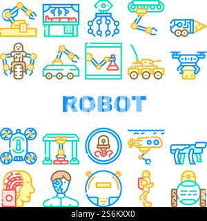 Roboter Future Electronic Equipment Icons Set Vector. Militär- Und Unterwasserroboter, Staubsauger Und Cyborg, Nanorobot Und Drohne, Robotic Arm Doing Surgery Operation Line. Farbige Abbildungen. Roboter Future Electronic Equipment Icons Set Vector Stock Vektor