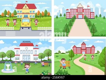 Zurück zur Schule, Cute Bus und einige Kinder spielen in der Illustration des vorderen Yards Stock Vektor
