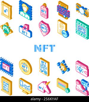Nft Digital Technology Collection Symbole Set Vektor. Nft Kryptowährung Münze Und Blockchain, Zahlung Für Spiele Und Kauf Von Waren Auf Auktions-Isometrische Zeichenfarben Illustrationen. Nft Digital Technology Collection Symbole Set Vektor Stock Vektor