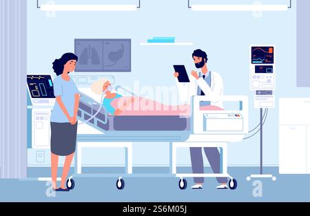 Traurige Frau im Krankenhaus. Intensivstation, Frau in Sauerstoffmaske und Arzt. Künstliche Lungenbeatmung, ältere krankheitsvektormedizinische Illustration. Krankenhaus-Notfallrespirationstherapie. Traurige Frau im Krankenhaus. Intensivstation, Frau in Sauerstoffmaske und Arzt. Künstliche Lungenbeatmung, ältere krankheitsvektormedizinische Illustration Stock Vektor