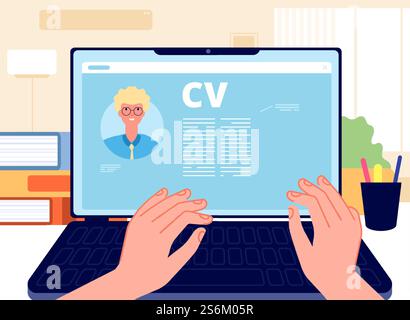 Online-Lebenslauf. Junger Mann schreibt Bewerbung auf Laptop. HR-Konzept, Job im Internet suchen. Berufseinstieg, Hände arbeiten an Computervektor-Illustration. Internet online, HR-Angestellter, lebenslauf schreiben. Online-Lebenslauf. Junger Mann schreibt Bewerbung auf Laptop. HR-Konzept, Job im Internet suchen. Berufseinstieg, Hände arbeiten an Computervektor-Illustration Stock Vektor