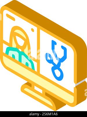 Videokonferenz mit isometrischem Symbolvektor des Arztes. Videokonferenz mit Arztzeichen. Isolierte Symboldarstellung. Videokonferenz mit Isometrie-Vektorillustration des Arztes Stock Vektor