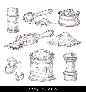 Salzskizze. Handgewürz, Vintage-Schällöffel mit Meersalzpulver. Lebensmittelzutaten zum Kochen, isolierte Paprika Shaker Vektor-Illustration. Salzige und pfeffrige Skizze, Shaker-Behälter. Salzskizze. Handgewürz, Vintage-Schällöffel mit Meersalzpulver. Lebensmittelzutaten zum Kochen, isolierte Paprika Shaker Vektor-Illustration Stock Vektor