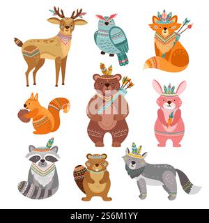 Zeichentrickfilme Stammestiere. Niedliche Waldillustration, Boho Fuchs Wolf Hirsch. Tapferer Waldbär, Federpfeil, Tiervektor. Buntes Waldtier, Waldvogel, Fuchs und Kaninchen Illustration. Zeichentrickfilme Stammestiere. Niedliche Waldillustration, Boho Fuchs Wolf Hirsch. Tapferer Waldbär, Federpfeil, lustige Tiervektorfiguren Stock Vektor