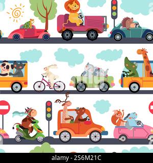 Tiertransportmuster. Verkehrsmittel, lustiger Verkehr mit dem Zoo in der Stadt. Kinder Stoffdruck niedliche Cartoon Auto Vektor nahtlose Textur. Muster Zoo Transport, Fuchs und Löwen Charakter entzückende Illustration. Tiertransportmuster. Verkehrsmittel, lustiger Verkehr mit dem Zoo in der Stadt. Stoffdruck für Kinder mit niedlicher, nahtloser Textur für Cartoon-Autofahrer Stock Vektor