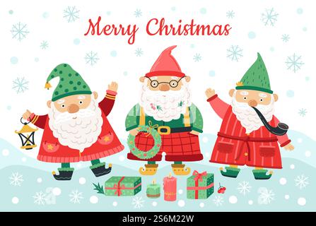 Gnome weihnachtsfiguren. Lustige Zwerge, lächelnde Männer auf Schnee Hintergrund. Nordische Jahreszeit Hintergrund, Wintergrüße Vektor Illustration. GNOME saisonal mit Dekoration zur Begrüßung. Gnome weihnachtsfiguren. Lustige Zwerge, lächelnde Männer auf Schnee Hintergrund. Nordische Jahreszeit Hintergrund, Wintergrüße Vektor Illustration Stock Vektor