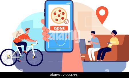 Pizzalieferer. Junge auf dem Fahrrad mit Essensboxen, Fahrt zu den Kunden. Smartphone-App zur Verfolgung von Bestellungen Online-Vektorkonzept. Illustrationskurier mit Pizza, Lieferservice. Pizzalieferer. Junge auf dem Fahrrad mit Essensboxen, Fahrt zu den Kunden. Die Leute spielen Videospiele und warten auf das Abendessen. Smartphone-App zur Verfolgung von Bestellungen Online-Vektorkonzept Stock Vektor