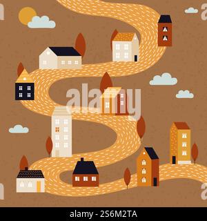Herbstlandschaft. Herbst Stadtstraße Hintergrund, Dorf oder Vorort Leben. Ländliche Nachbarschaft, niedliche kleine Häuser im abstrakten Wald. Retro-Karte oder Poster mit kleinen Gebäuden Vektor-Illustration. Herbstlandschaft. Herbst Stadtstraße Hintergrund, Dorf oder Vorort Leben. Ländliche Nachbarschaft, niedliche kleine Häuser im abstrakten Wald Stock Vektor