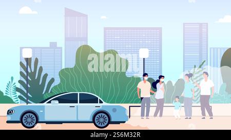 Luftverschmutzung in der Stadt. Weltproblem der Umwelt und der ökologischen Situation, schmutzige Atmosphäre. Urbane Landschaft mit Auto und Menschen Vektor Illustration. Luftverschmutzungsproblem, Emissionshygiene pm2,5. Luftverschmutzung in der Stadt. Weltproblem der Umwelt und der ökologischen Situation, schmutzige Atmosphäre. Urbane Landschaft mit Auto und Menschen Vektor Illustration Stock Vektor