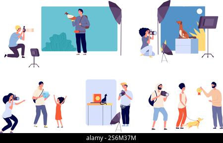 Tierfotografen. Fotostudio, Profis mit Kameras. Isolierte Blogger, Werbespots oder Haustiere verleihen Vektorillustration. Fotograf Tierhobbys, Fotografie fotografieren professionelle Haustiere. Tierfotografen. Fotostudio, Profis mit Kameras. Isolierte Blogger, Werbespots oder Haustiere verleihen Vektorillustration Stock Vektor