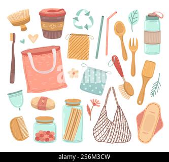 Keine Verschwendung. Wiederverwendbare Objekte, ökologische Lebensdauer und weniger Kunststoffabfälle. Recyceln Sie Glas, Einkaufstasche, Bio-Flasche Besteck Vektor Illustration. Bio- und Öko-Stroh und ökologische Elemente. Keine Verschwendung. Wiederverwendbare Objekte, ökologische Lebensdauer und weniger Kunststoffabfälle. Recyceln Sie Glas, Einkaufstasche, Bio-Flasche Besteck Vektor Illustration Stock Vektor