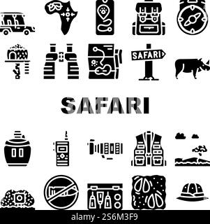 Safari Afrikanische Jagd Urlaub Icons Set Vektor. Nashörner Tierjagd in Safari- und Jägerausrüstung, Kompass- und Fernglas-Werkzeug, Walkie-Talkie und Flask Drink Glyph-Piktogramme Schwarze Illustrationen. Safari Afrikanische Jagd Urlaub Icons Set Vektor Stock Vektor