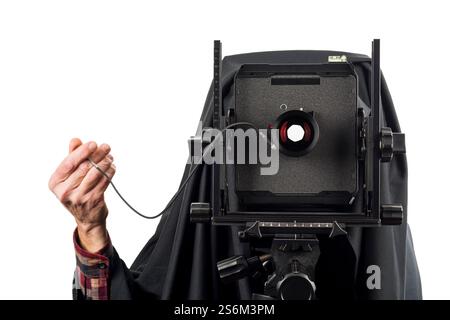 Aufnahmen mit einer großformatigen Filmkamera in einem Fotostudio. Stockfoto