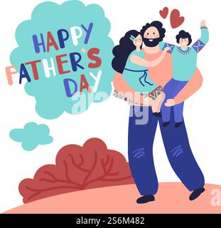 Frohe Vatertag. Papa umarmt Kind, feiert Karte mit lustigen Männern und Kindern. Kindheit, Mann verbringen Zeit Tochter Sohn Vektor Konzept. Vatertag, Vatertag, Feiertag, Feier Vorlage Illustration. Frohe Vatertag. Papa umarmt Kind, feiert Karte mit lustigen Männern und Kindern. Kindheit, Mann verbringen Zeit mit Tochter Sohn Vektor Konzept Stock Vektor