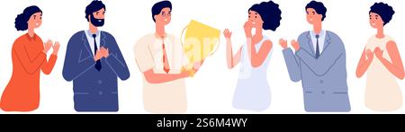 Herzlichen Glückwunsch für den Mitarbeiter. Emotionaler Gruß, Geschäftsführerin erhält Belohnung von Kollegen. Flaches erfolgreiches Business Team-Outlet-Vektorkonzept. Illustration Glückwunsch Mitarbeiter vom Team. Herzlichen Glückwunsch für den Mitarbeiter. Emotionaler Gruß, Geschäftsführerin erhält Belohnung von Kollegen. Flaches erfolgreiches Business Team-Outlet-Vektorkonzept Stock Vektor